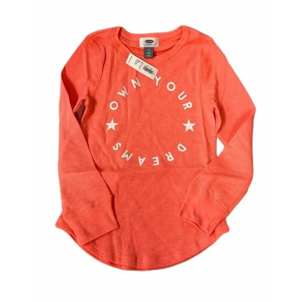 Old Navy Kids M 8 Neon Coral Own Your Dreams Waffle Knit Thermal Long Sleeve Tee